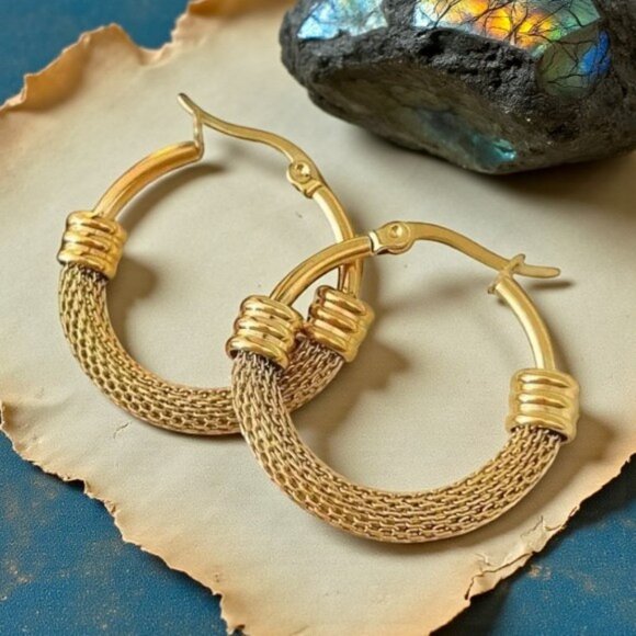 🆕️ Chic Elegance: 18K Gold Plated Stainless Steel Mesh Trendy Hoop Earrings - Picture 9 of 12